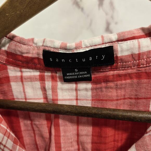 Anthropologie Shirt Womens Small Red Button Up Plaid Hi Low Tie Knot Sanctuary - Picture 3 of 12